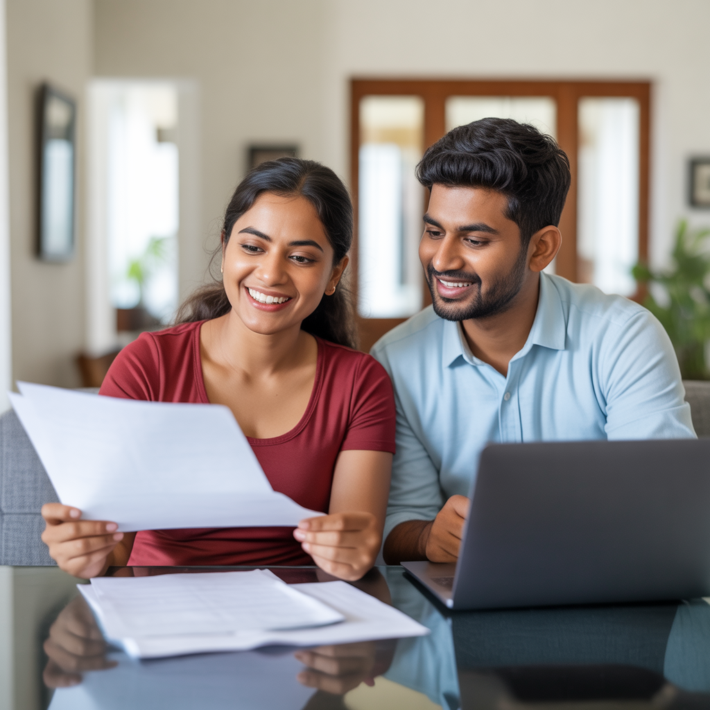 Happy couple reviewing personal loan documents and financial planning