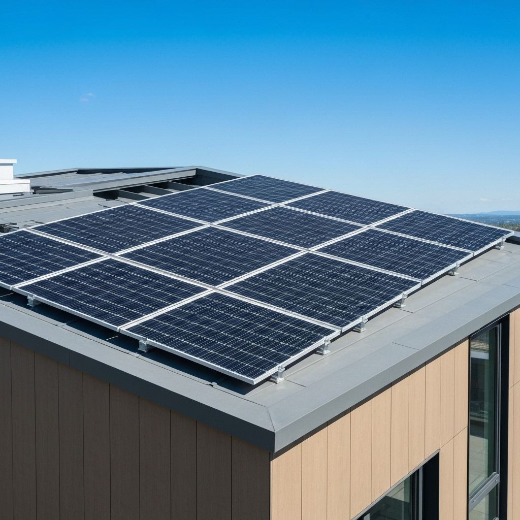 Solar panels on rooftop with bright sun
